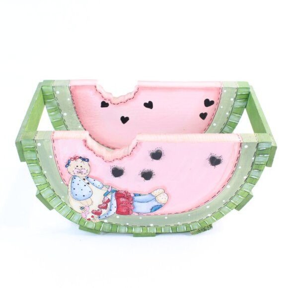 Vintage Toll Painting Watermelon Doll Folk Art Primitive Country Wooden Holder - Picture 2 of 8